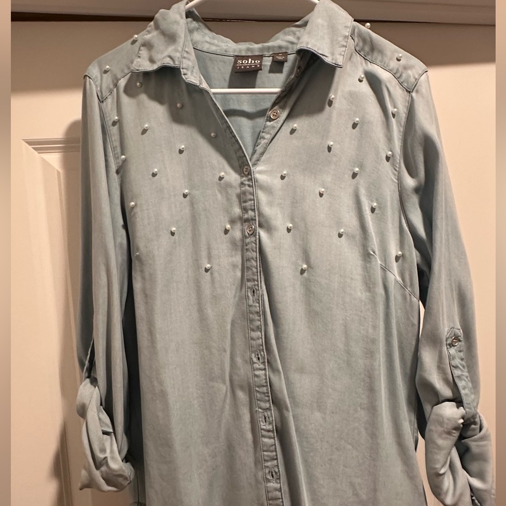 Denim button down with pearls